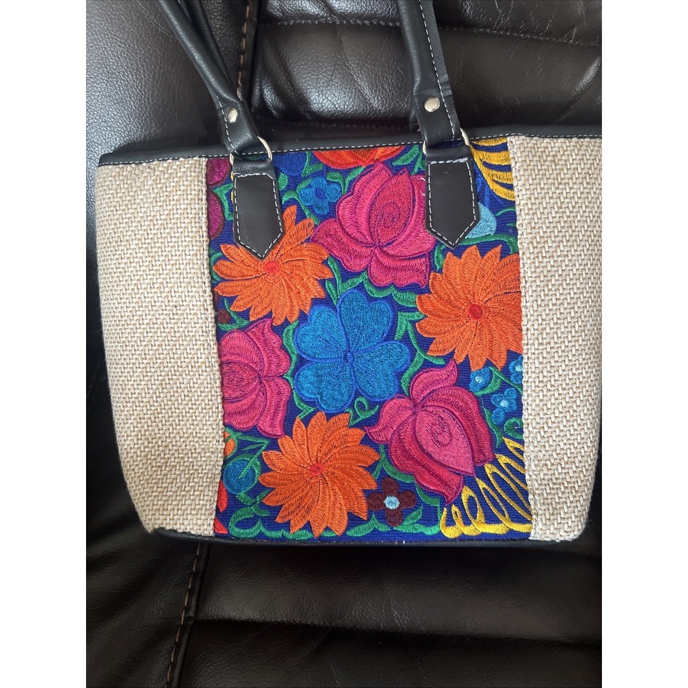 Artisanal Handwoven Mexican Floral Tote Bag Loom Woven, Embroidered